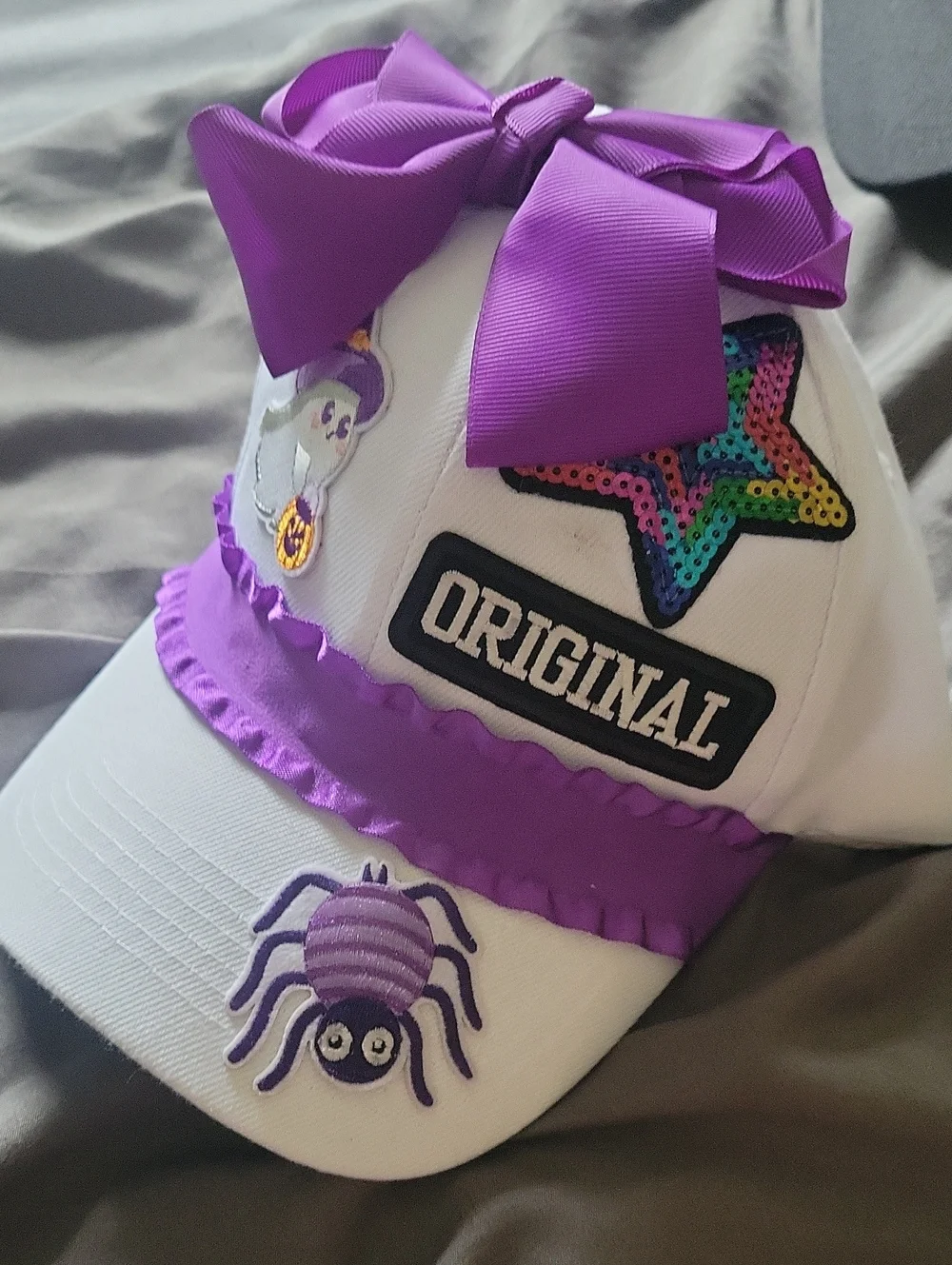 Handmade! Kids White & Purple Halloween Cap with Bow and Patches - Original
